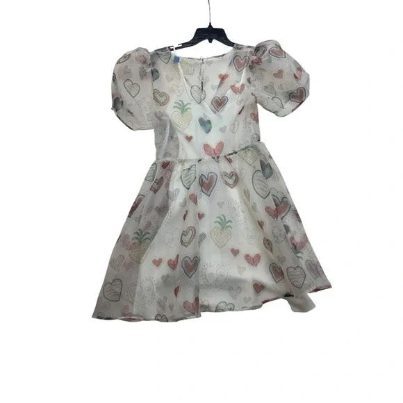 Farm Rio size medium dress semi sheer hearts puff sleeve pineapple mini party - Picture 12 of 12